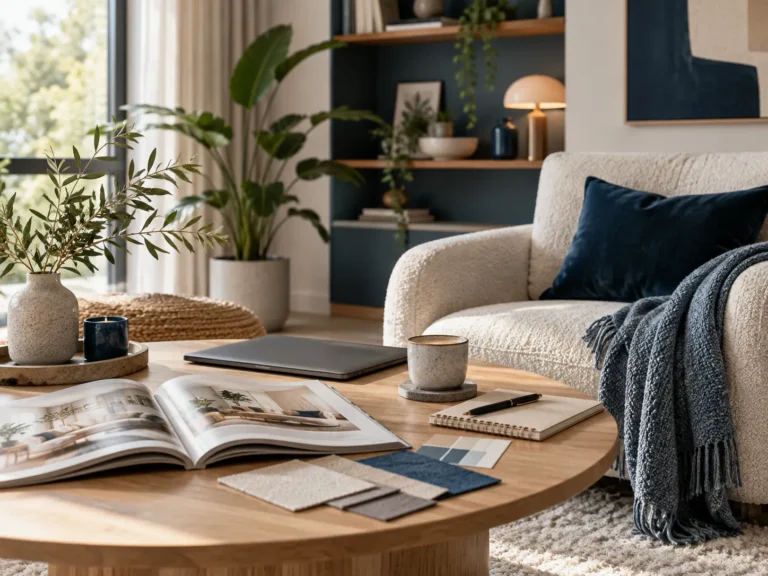 Sfeervolle zithoek met woonmagazine, kleurstalen en blauwe accenten in een modern interieur van Woonambiance. Faq