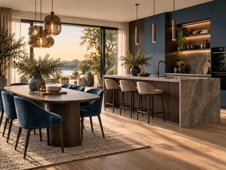 Moderne keuken en eethoek met natuurlijke materialen en donkerblauwe interieuraccenten.