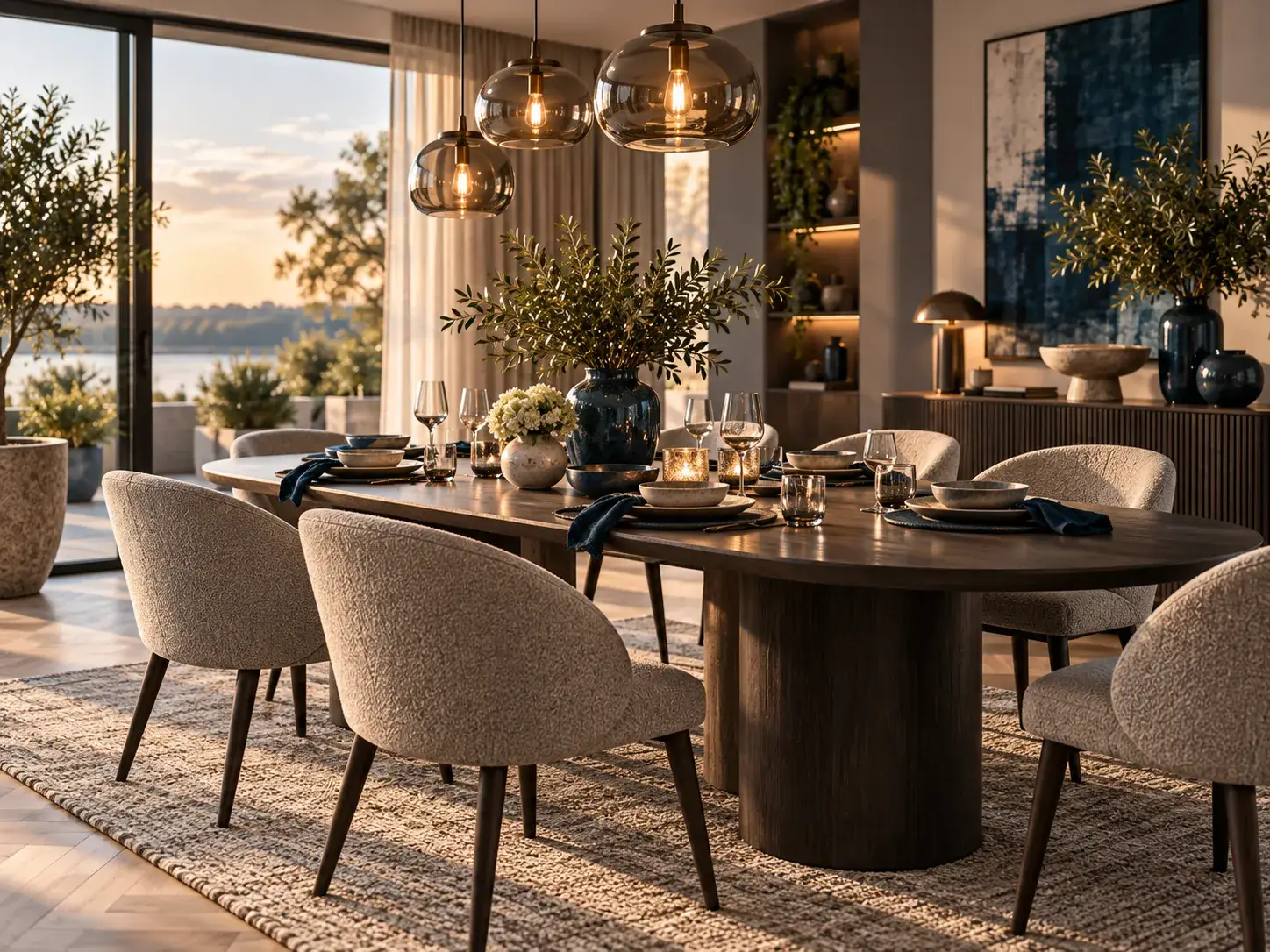 Moderne eethoek met gedekte tafel, warme verlichting en stijlvolle blauwe accenten.