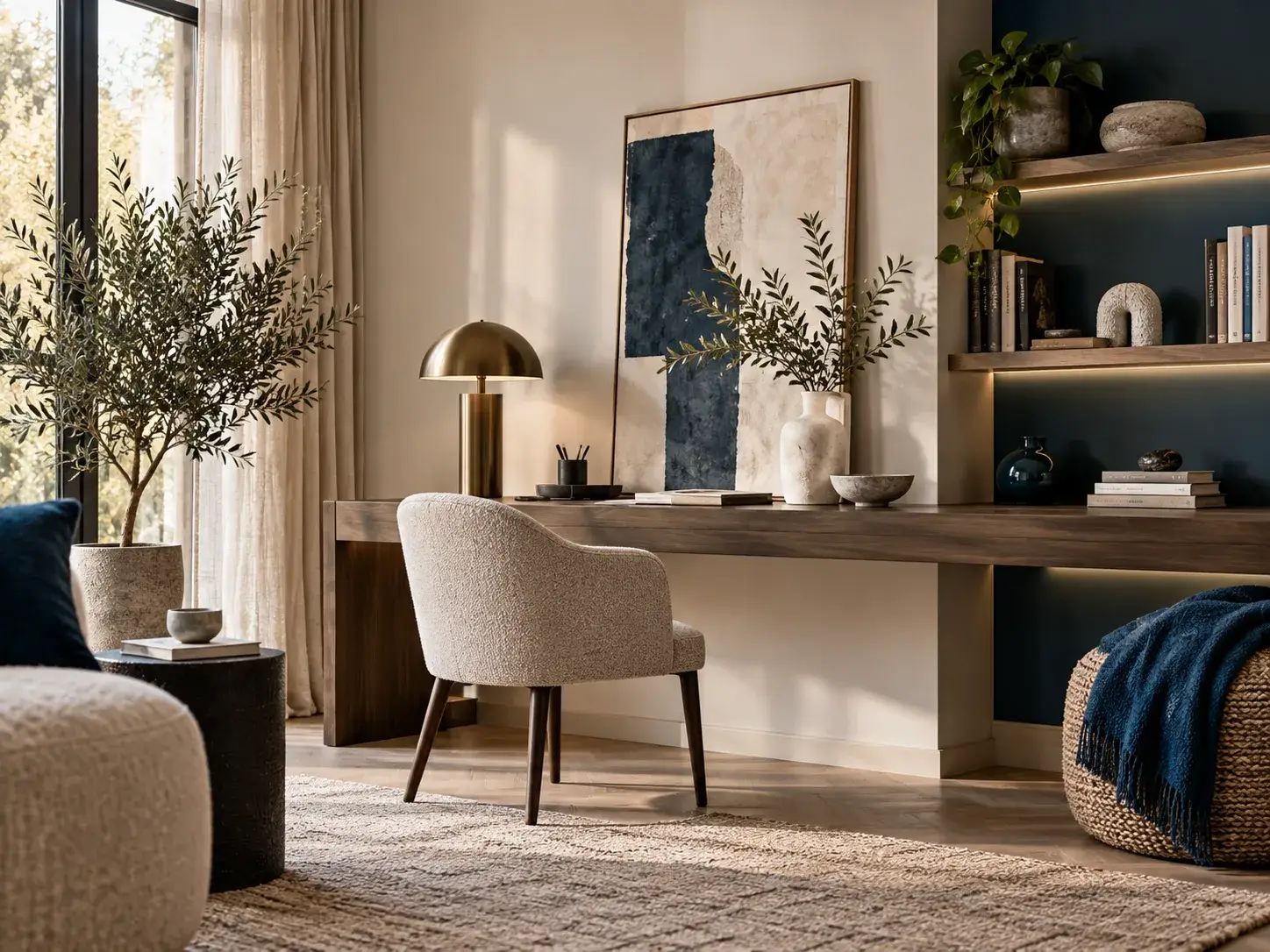 Stijlvolle thuiswerkplek met houten bureau, decoratie, planten en blauwe interieuraccenten. Over ons