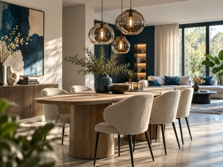 Elegante eethoek met houten tafel, zachte stoelen, sfeerverlichting en donkerblauwe accenten.