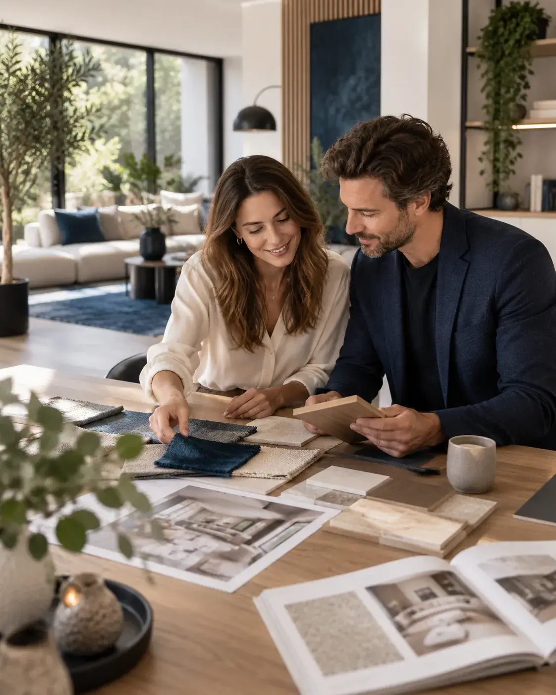 Twee partners bespreken interieurmaterialen en woonideeën aan tafel in een modern en sfeervol interieur.