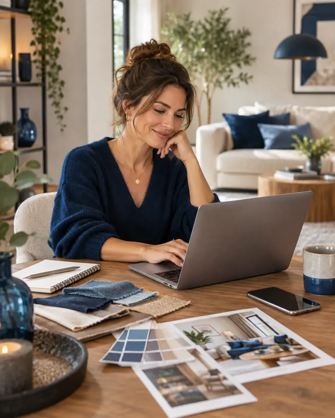 Vrouw werkt aan laptop met interieurstalen en wooninspiratie aan tafel in een modern en sfeervol interieur.