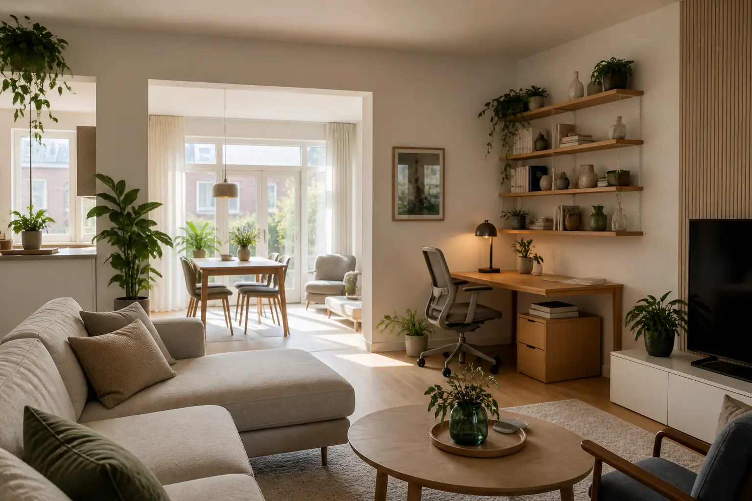 thuiswerkplek in de woonkamer